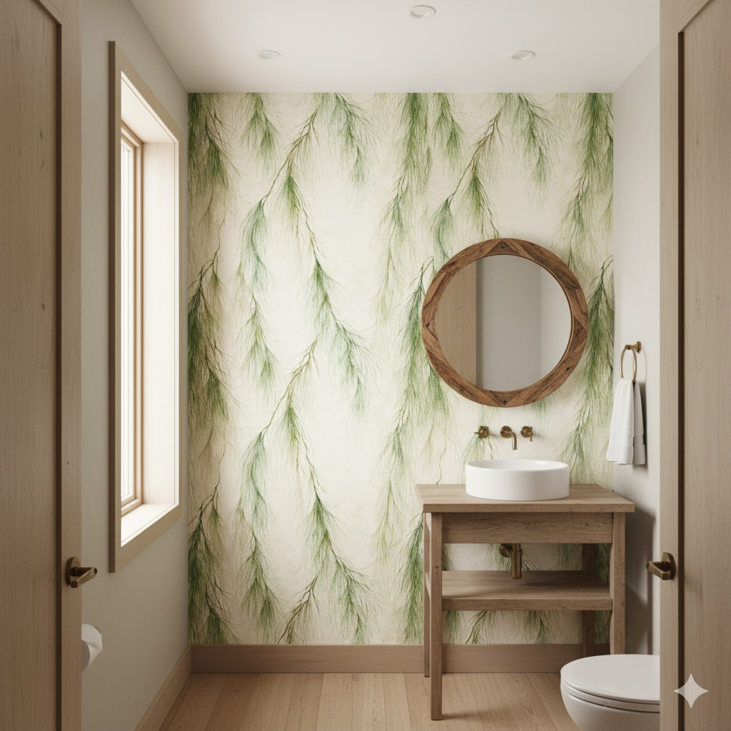 Whispering Pines Wallpaper with green and white floral pattern, showcasing a natural botanical style.
