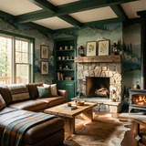 Meadowlight Wallpaper with mountain and forest scene, shown on a cozy living room's walls.
