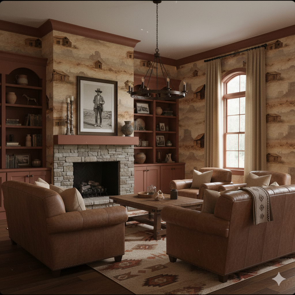 Scenic Monument Hollow wallpaper with desert landscape pattern, textured and styled in a cozy living room.