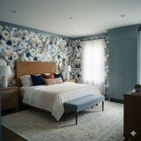 Fenwick Blossoms Wallpaper with floral pattern, accenting a bedroom with wainscoting.
