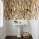Rattler Diamond wallpaper with diamond patterns, from Wallshoppe, in a bathroom setting.