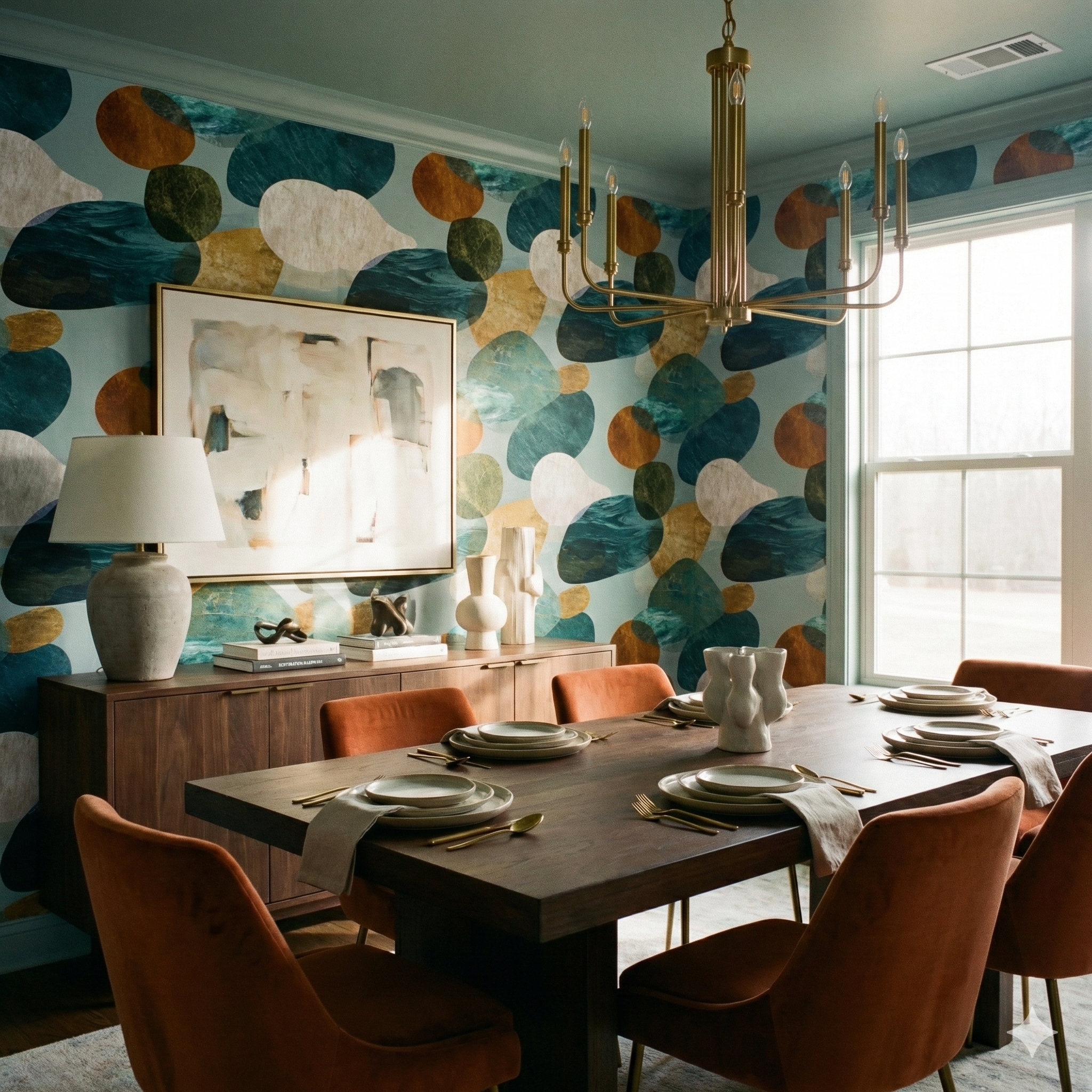 Tide & Tumble wallpaper with abstract pebble pattern in teal, blue, gold, and white.