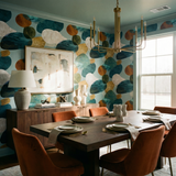 Tide & Tumble wallpaper with abstract pebble pattern in teal, blue, gold, and white.