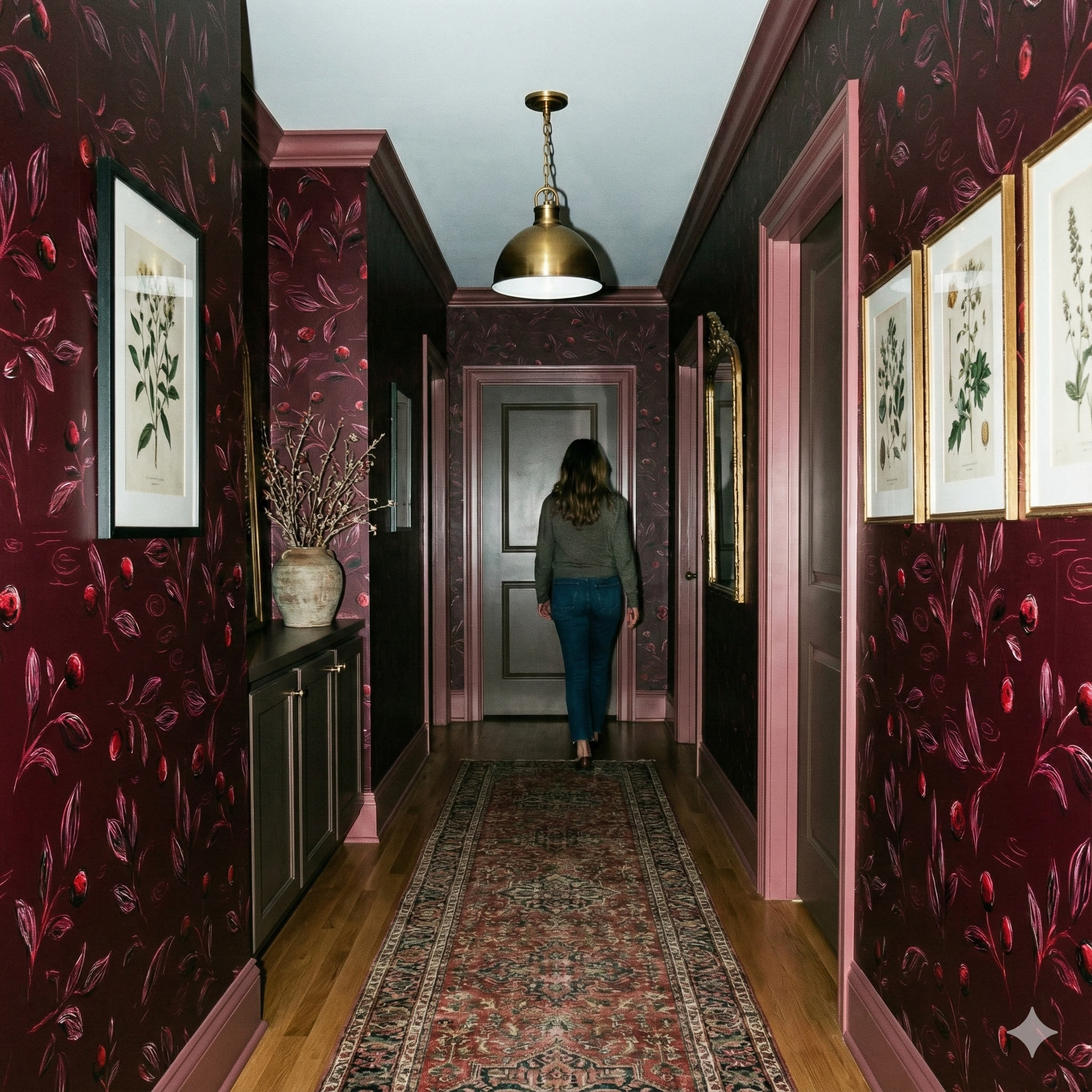 Deep red botanical wallpaper featuring leaves and berries, set in a hallway with a central rug.
