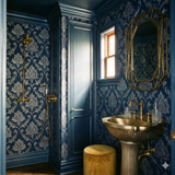 Baroque Midnight Wallpaper with a damask pattern on the bathroom wall.