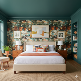Patterned Casa Solana Wallpaper featuring dogs and foliage, styled in a bedroom.
