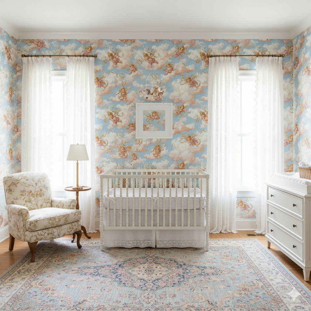 Pastel blue wallpaper with cherub pattern, by Allegro, decorating a nursery room with white furniture.
