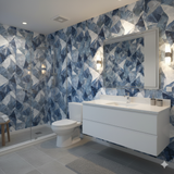 Frostvein wallpaper with a blue geometric pattern, creating a modern and artistic bathroom interior.
