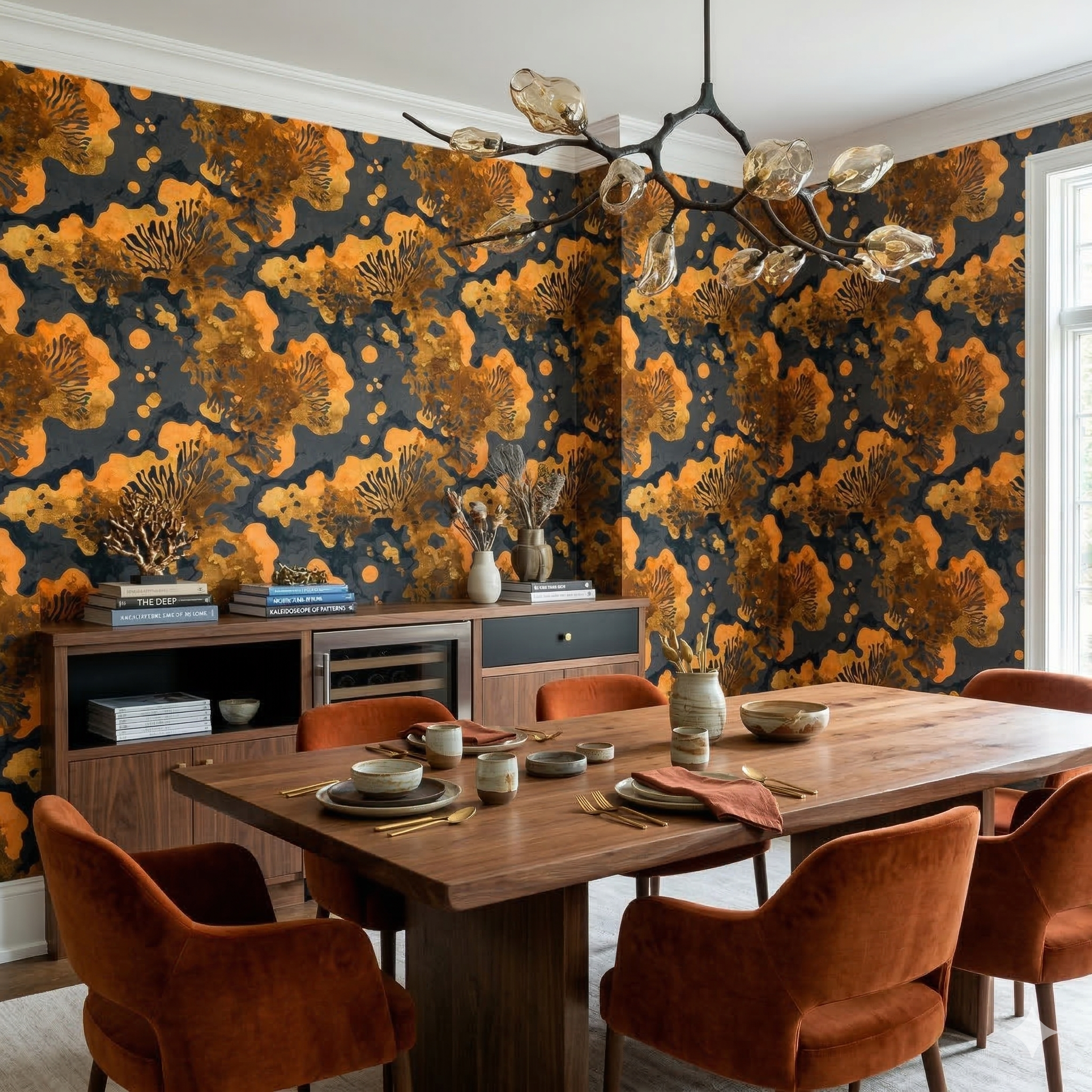 Emberlace Mosaic Wallpaper featuring a floral and coral pattern on a dark, textured background.
