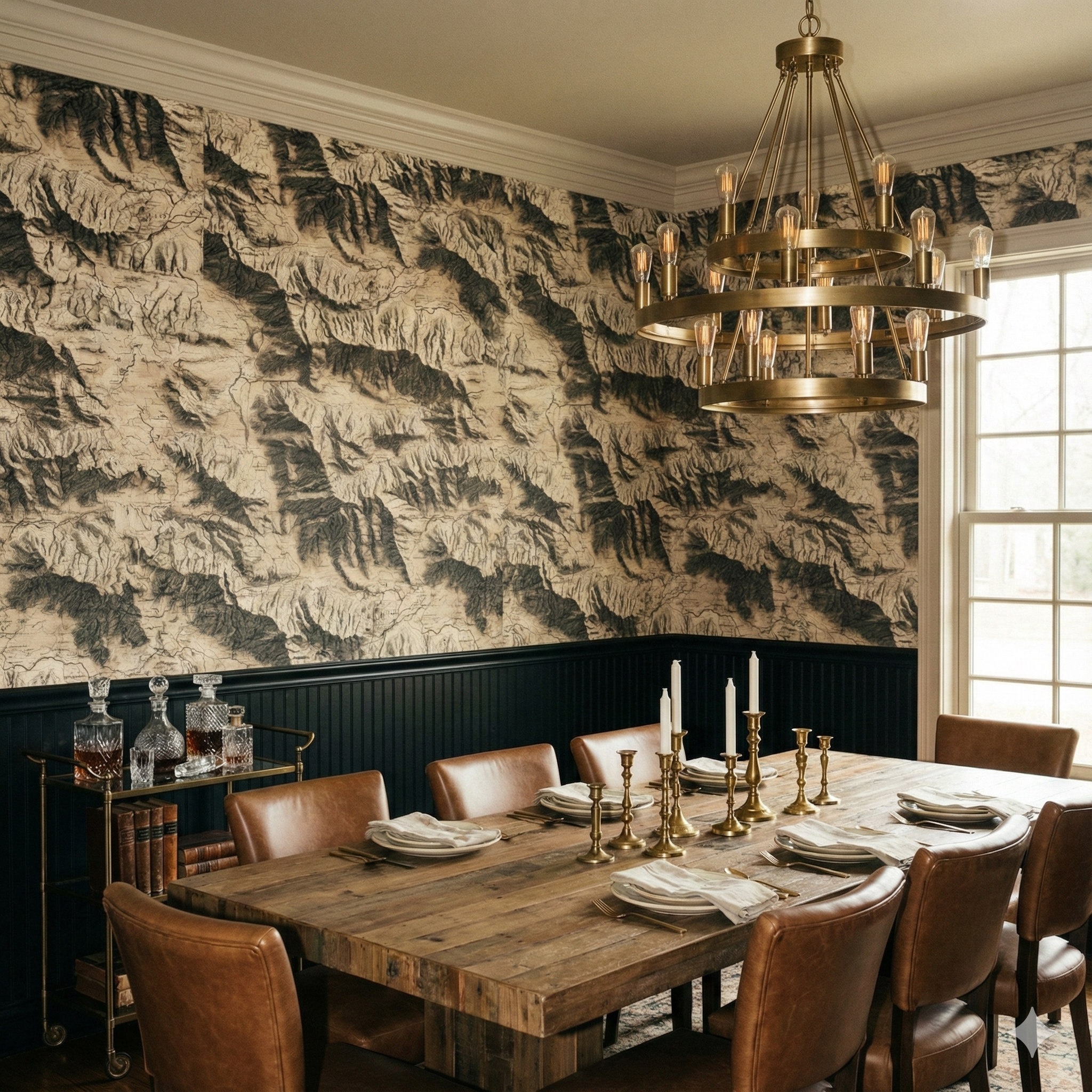 Alta Ridge Survey Wallpaper with topographic map pattern, covering the dining room wall