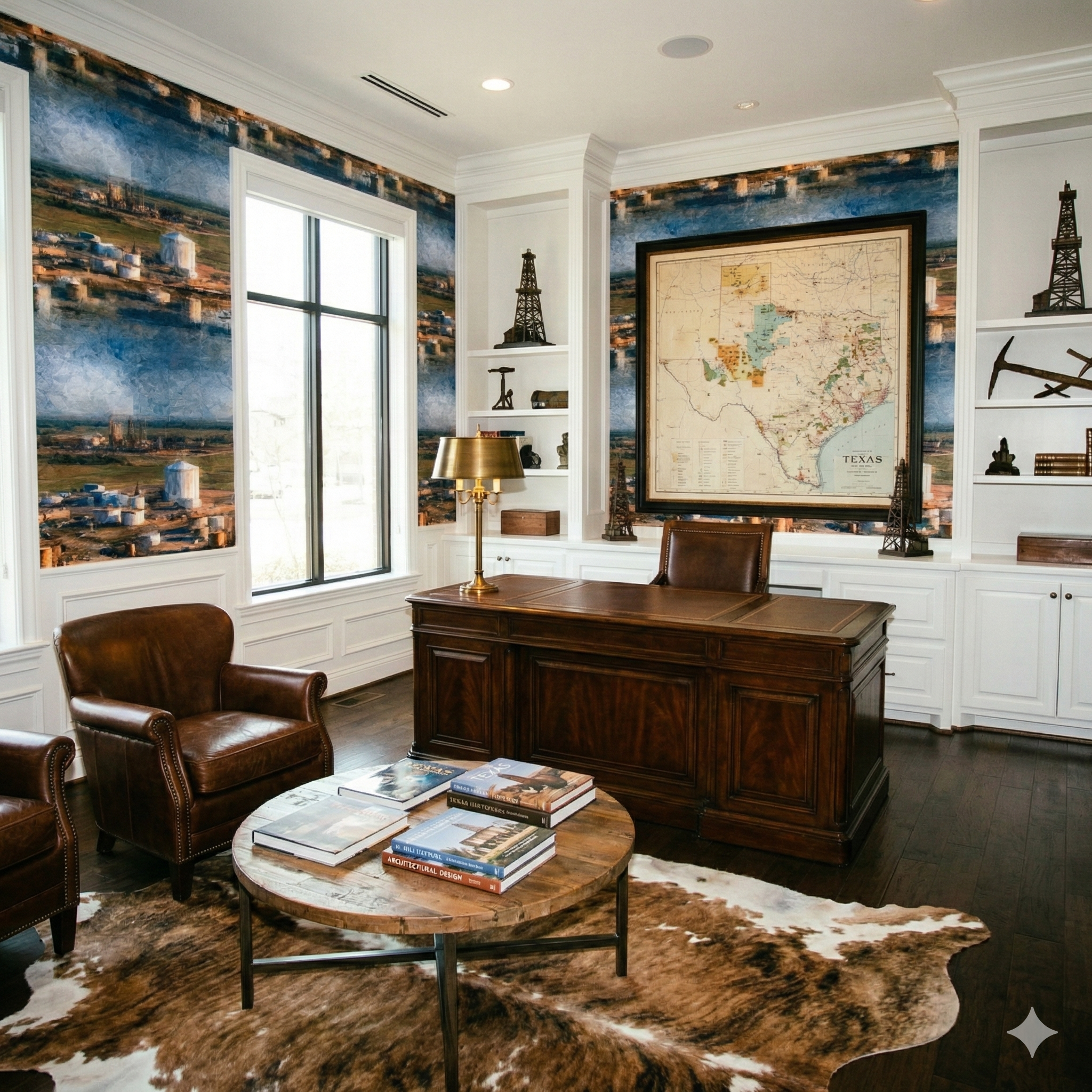 Refinery wallpaper with blue horizon by unknown brand, patterned and textured wall covering in a styled room setting.