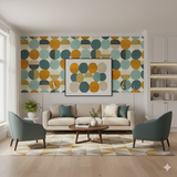 Solenne wallpaper featuring teal, orange, and cream retro circles.