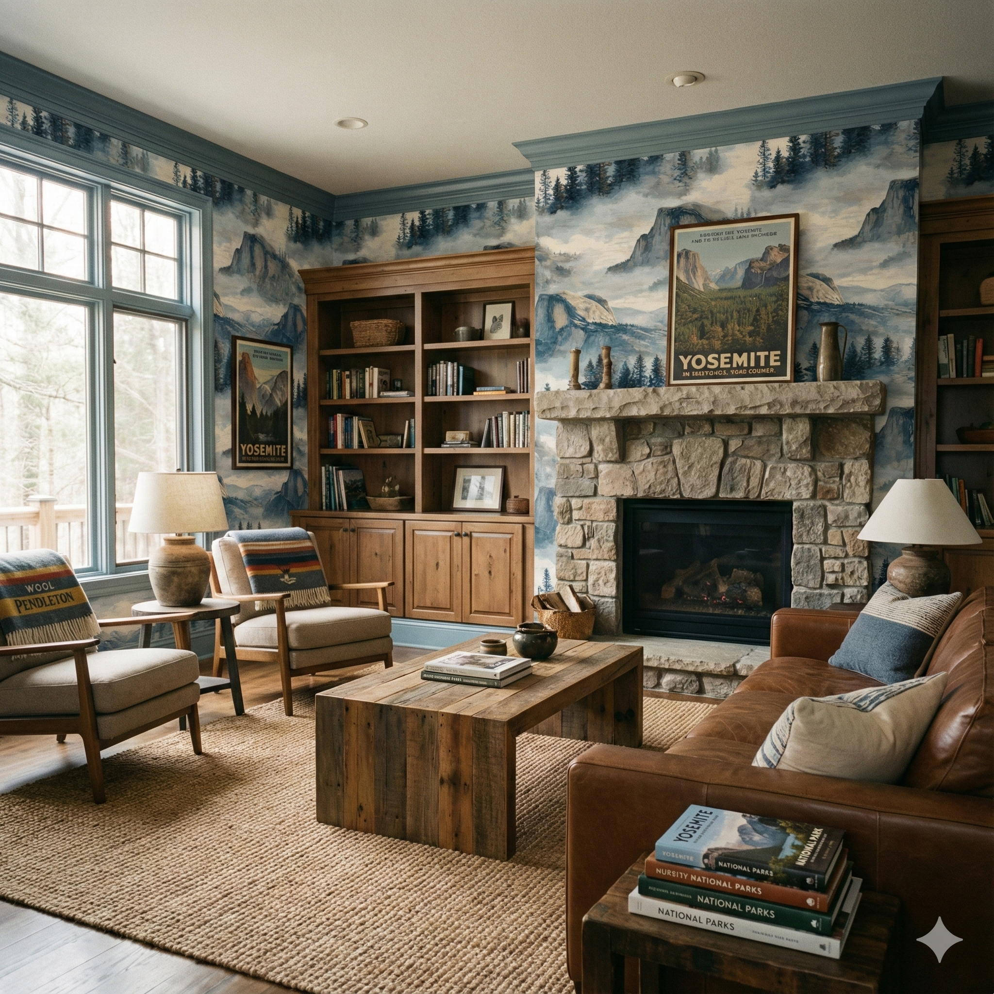 Yosemite Veil Wallpaper featuring a picturesque mountain landscape with trees, complementing a cozy living room setting.