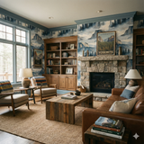 Yosemite Veil Wallpaper featuring a picturesque mountain landscape with trees, complementing a cozy living room setting.
