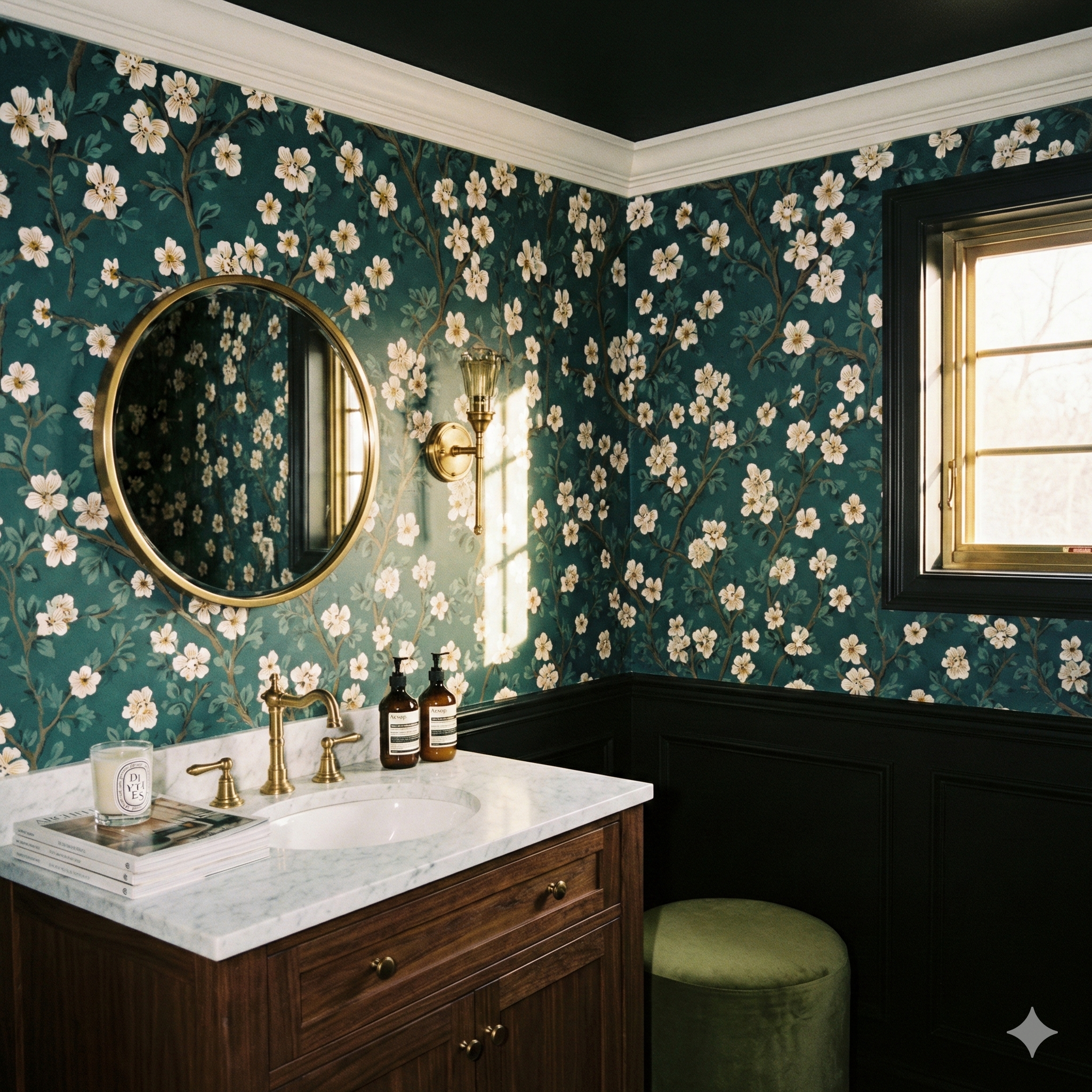 Floral wallpaper by Brunschwig & Fils, featuring a dark teal background with a blossom tree pattern.