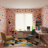 Retro-inspired wallpaper with a pink background by RoomMates, featuring geometric patterns and colorful shapes.