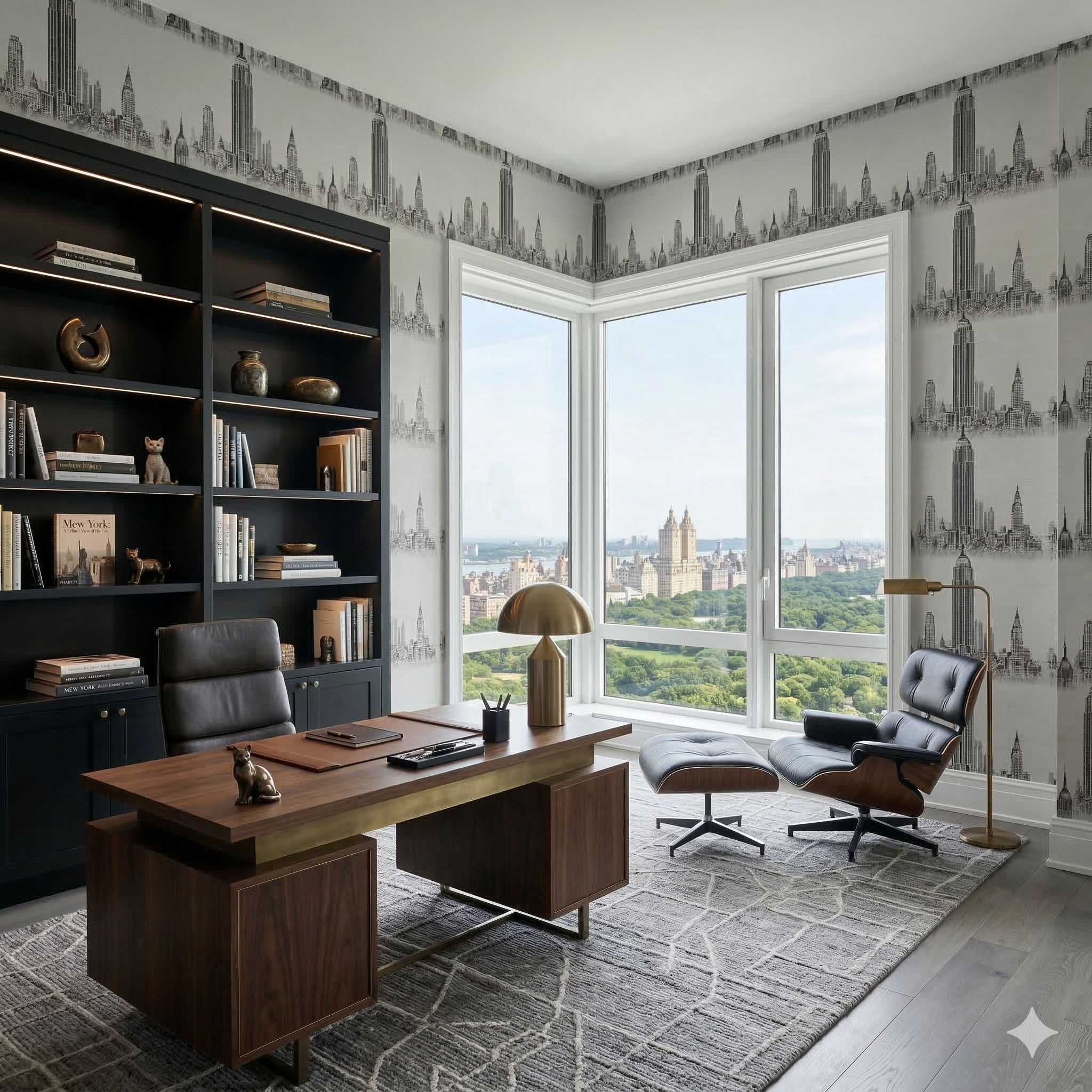 Gotham Meridian wallpaper with a cityscape pattern covering the walls, inside a stylishly designed office.