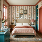 Floral and striped dahlia regency wallpaper with peach-toned trim, in a vintage-inspired bedroom setting.