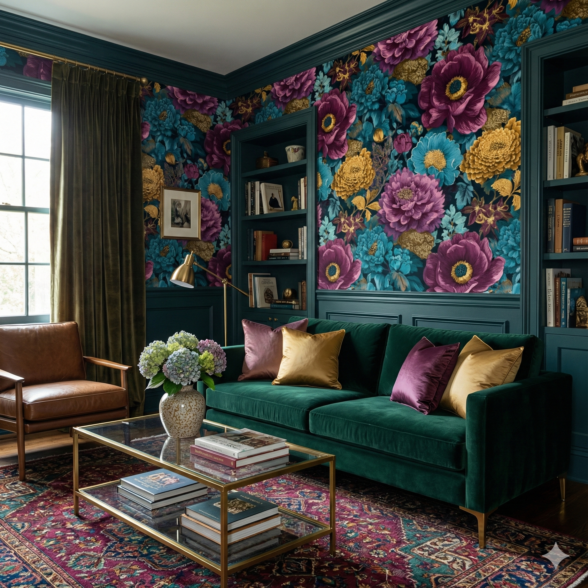 Floral peel and stick wallpaper from Wallshoppe with a vibrant floral pattern on a teal background.

