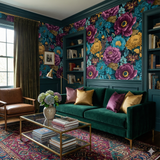 Floral peel and stick wallpaper from Wallshoppe with a vibrant floral pattern on a teal background.
