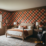 Homestead wallpaper with orange plaid pattern and brown trim, covering bedroom walls from Emberline.