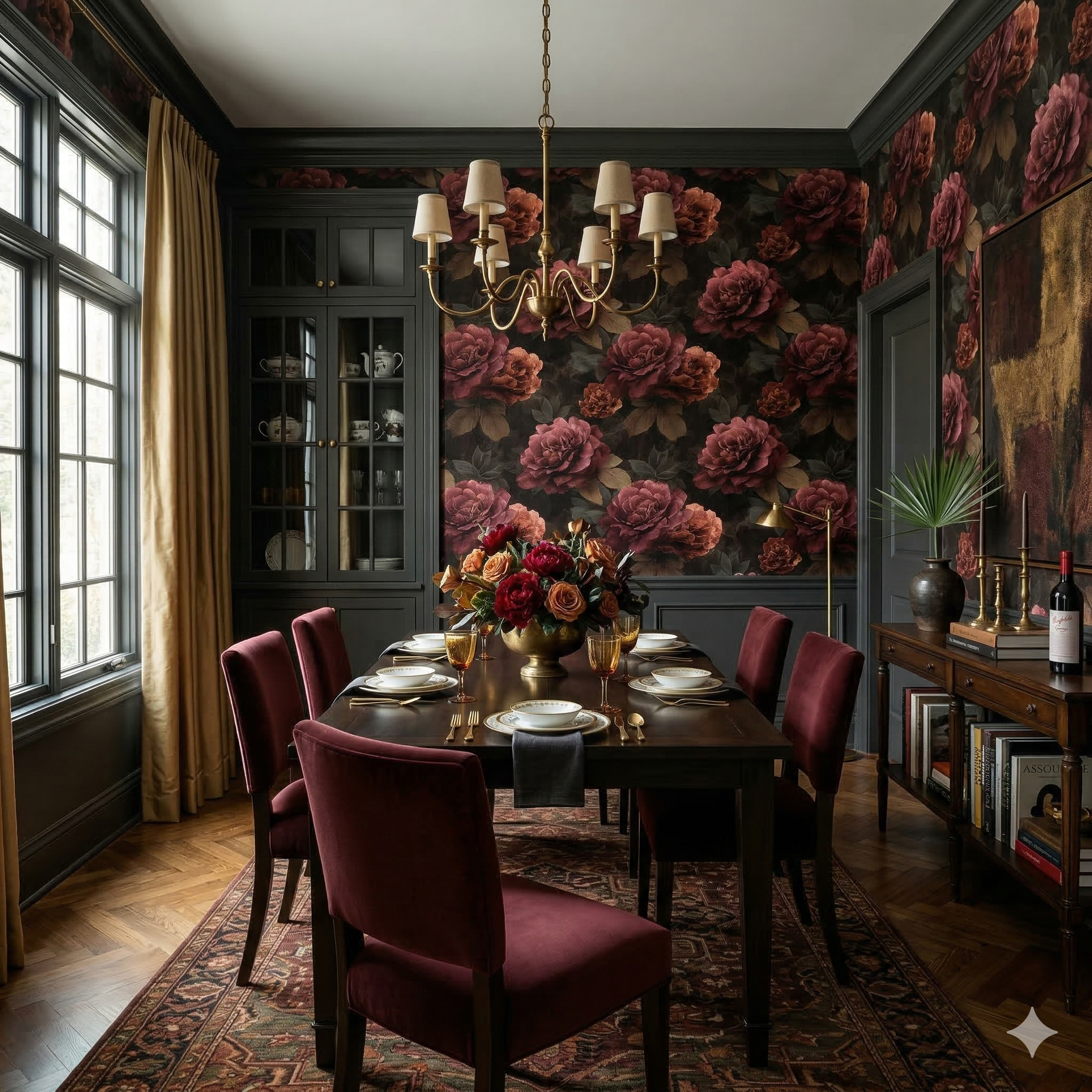 Floral wallpaper with dark red roses, styled in a dining room with matching décor.
