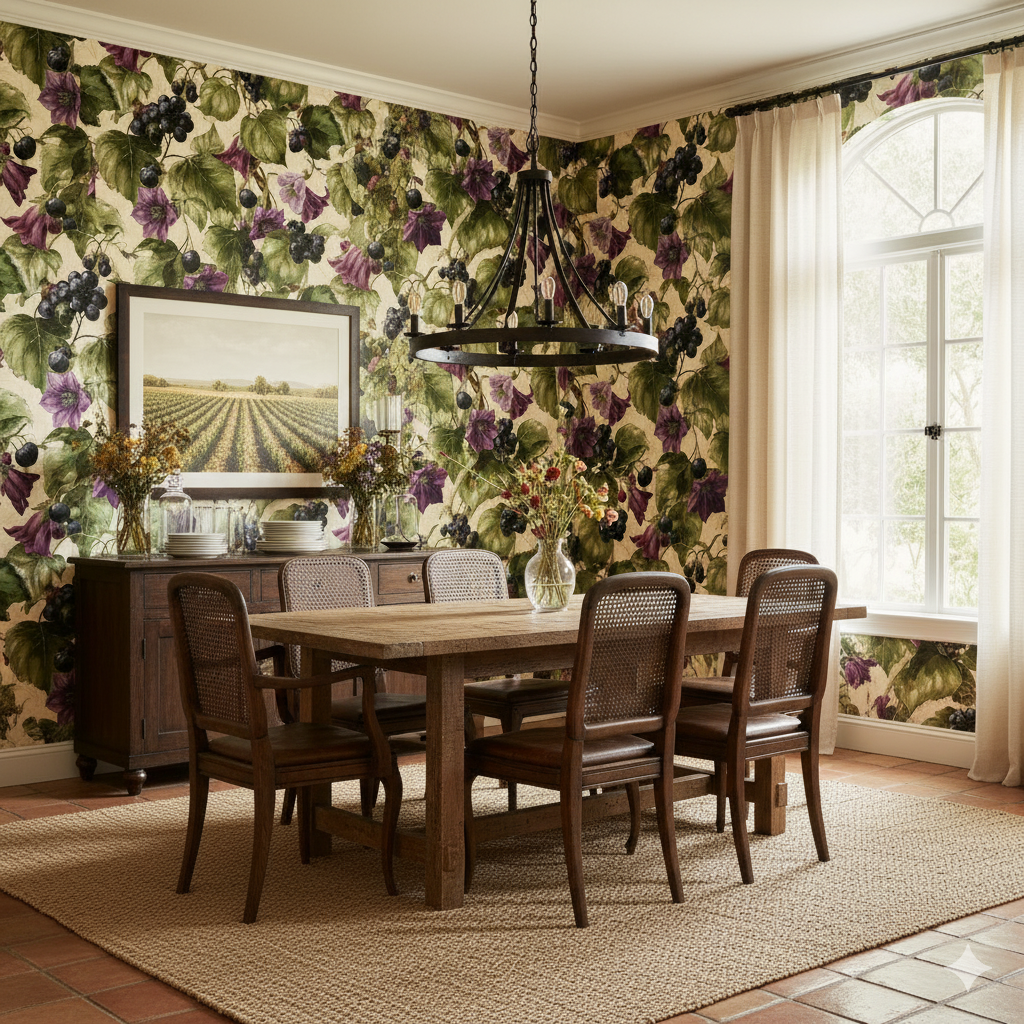 Patterned wallpaper with a grape motif, from Brewster, decorates a dining room.