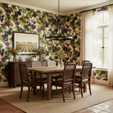 Patterned wallpaper with a grape motif, from Brewster, decorates a dining room.