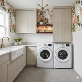 Floral Coralwood Wallpaper with red and green pattern, styled in a laundry room.
