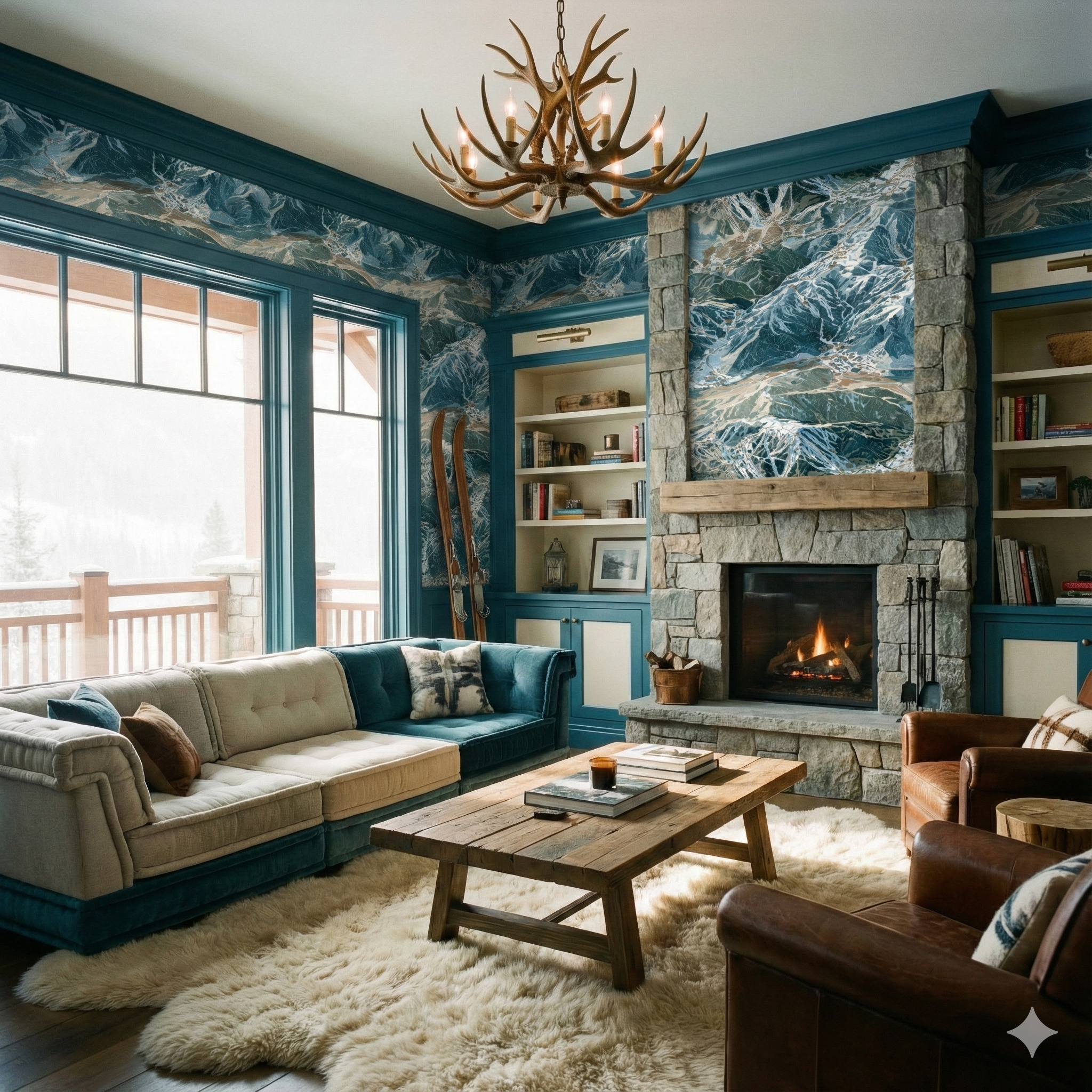 Les Arcs Elevation Wallpaper with a mountain range design, covering the walls in an elegant living room.