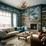 Les Arcs Elevation Wallpaper with a mountain range design, covering the walls in an elegant living room.