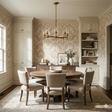 Patterned damask wallpaper in beige linen texture, with a floral motif.