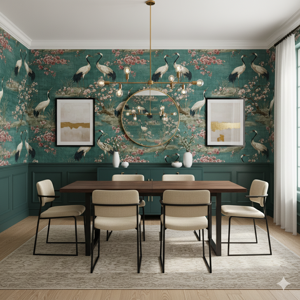 Song of the Crane wallpaper with a teal background and crane pattern, displayed in an interior setting.