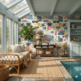 Patterned Drift Club Wallpaper from York Wallcoverings featuring a retro summer theme and a neutral background.
