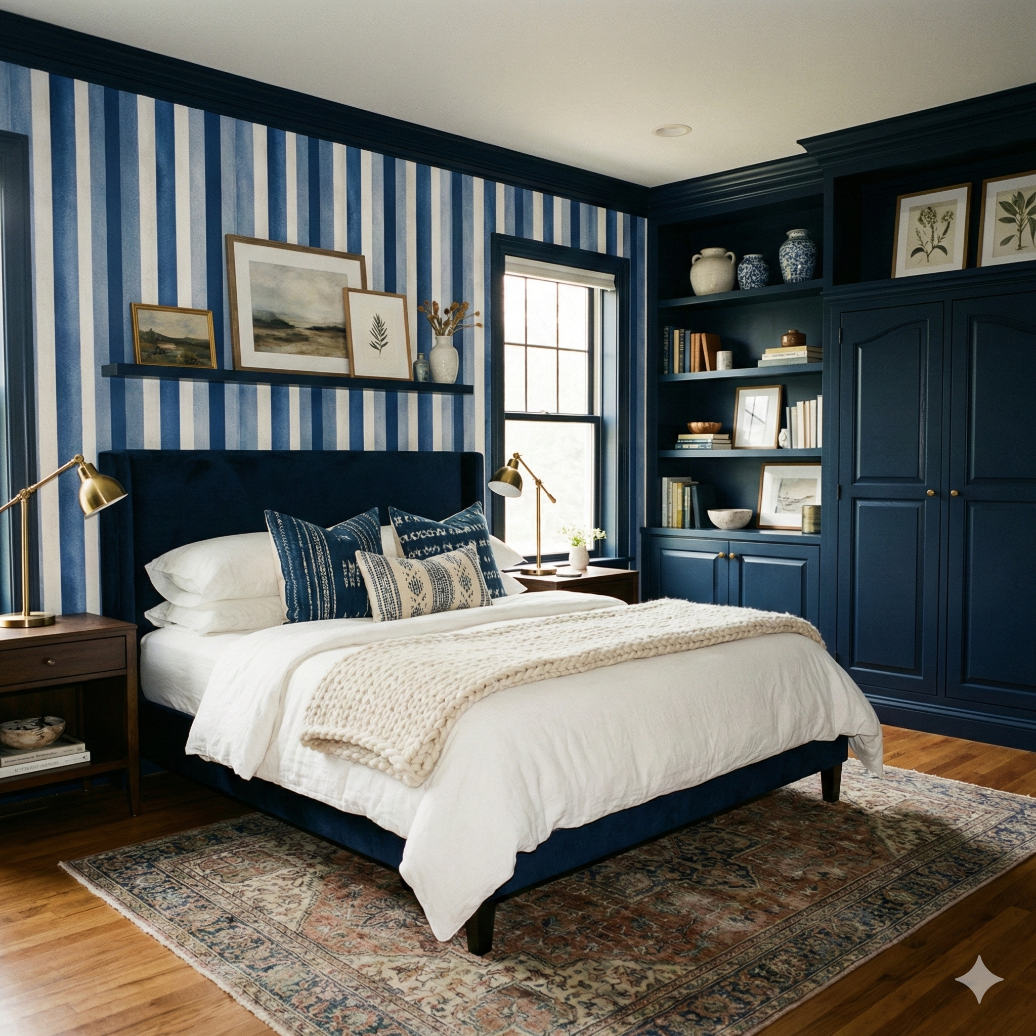 Striped blue and white wallpaper with vertical stripes, with a shelf holding picture frames.