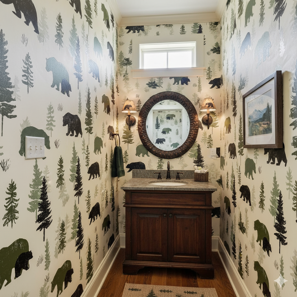 Timberline Hollow Wallpaper with bear and tree pattern.
