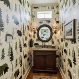 Timberline Hollow Wallpaper with bear and tree pattern.
