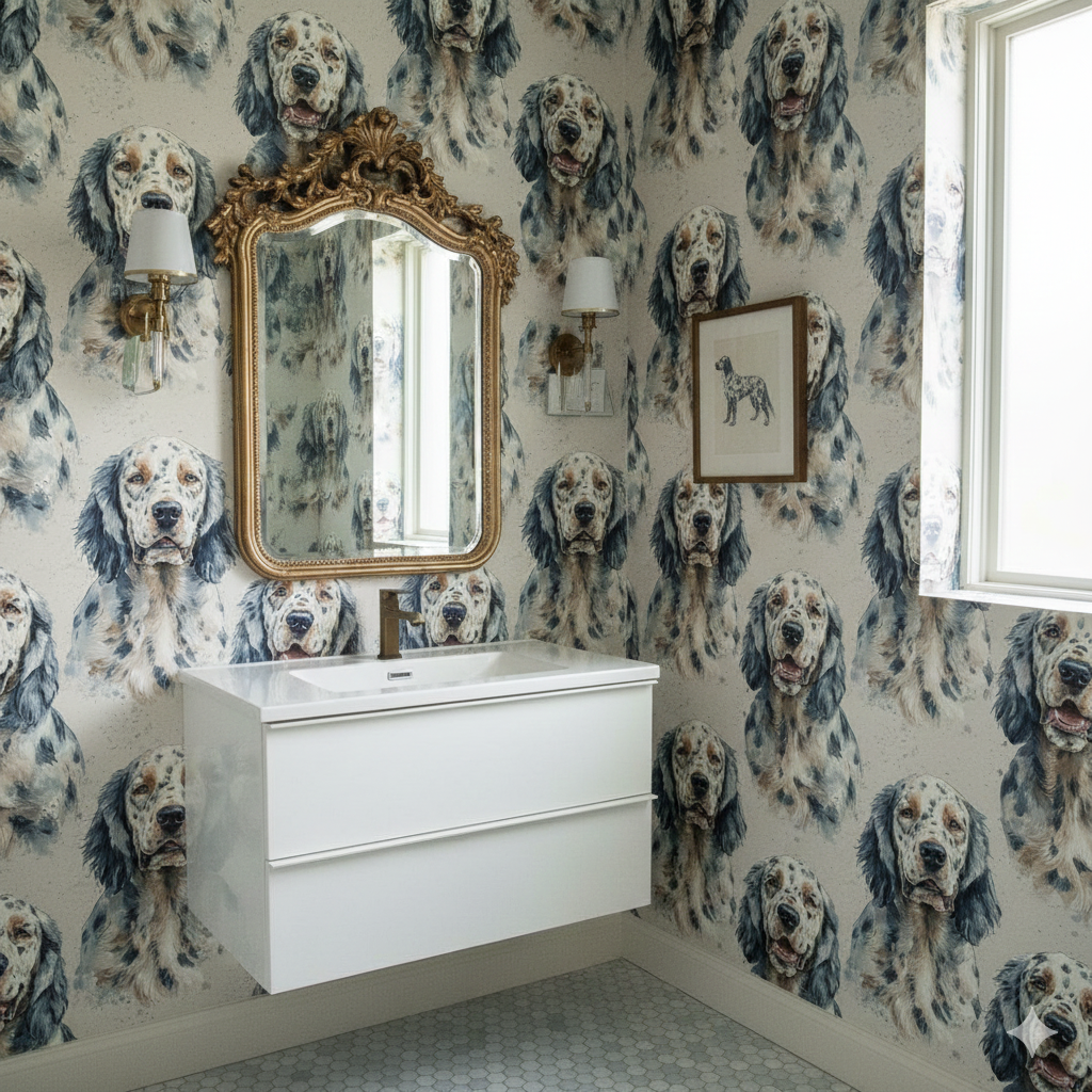 Mariner’s Field wallpaper with a repeating dog portrait pattern, installed in a bathroom with a white vanity.
