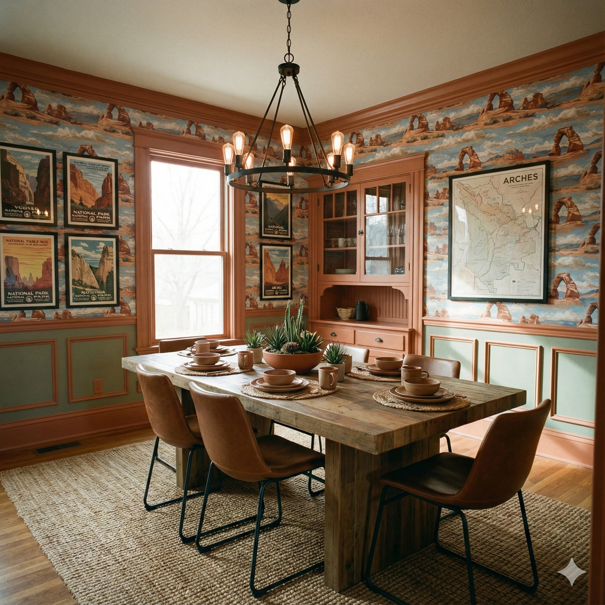Arches Horizon Wallpaper featuring desert landscape imagery, covering the walls in a dining room.