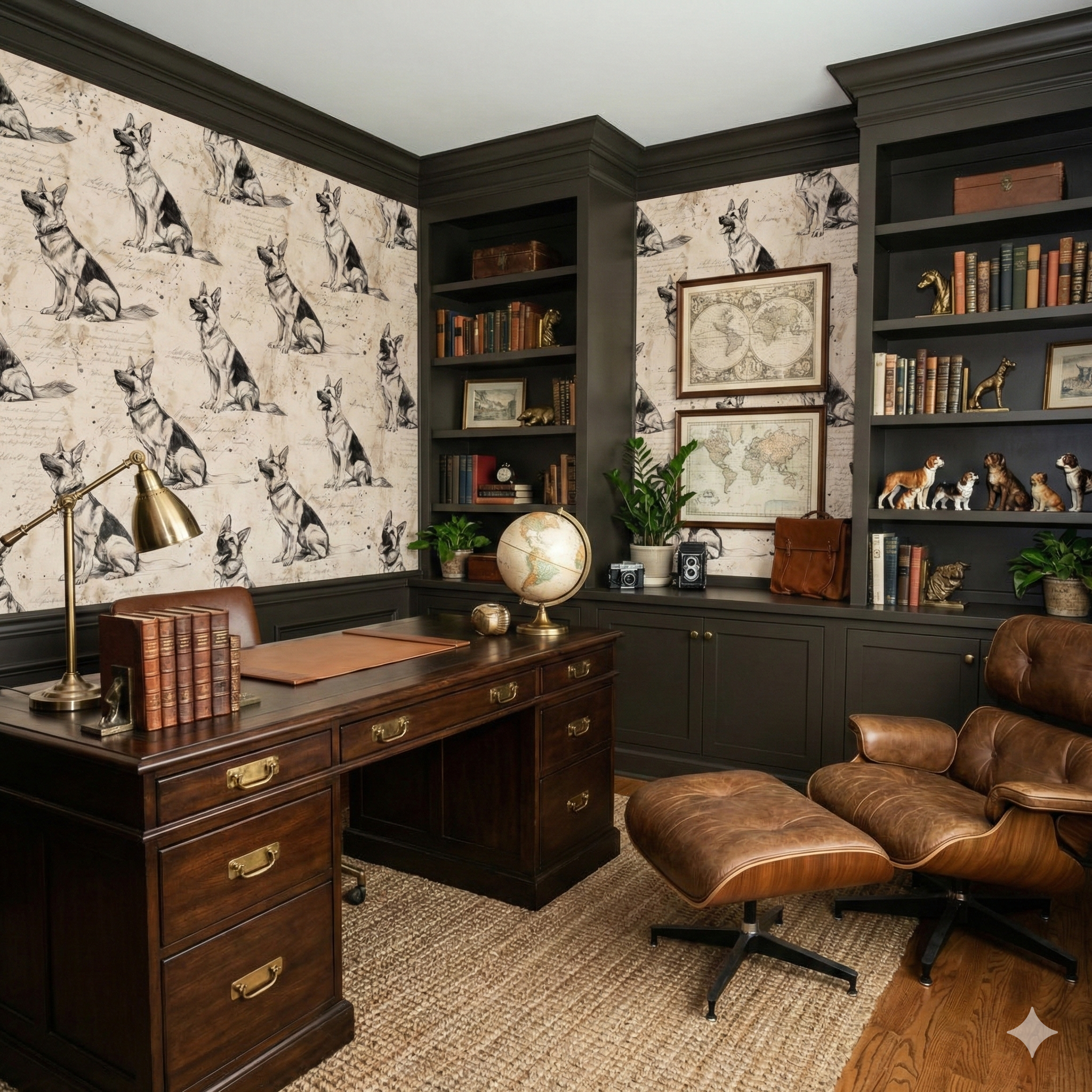 Calligrapher’s Companion Wallpaper with dog pattern, on a beige textured background.