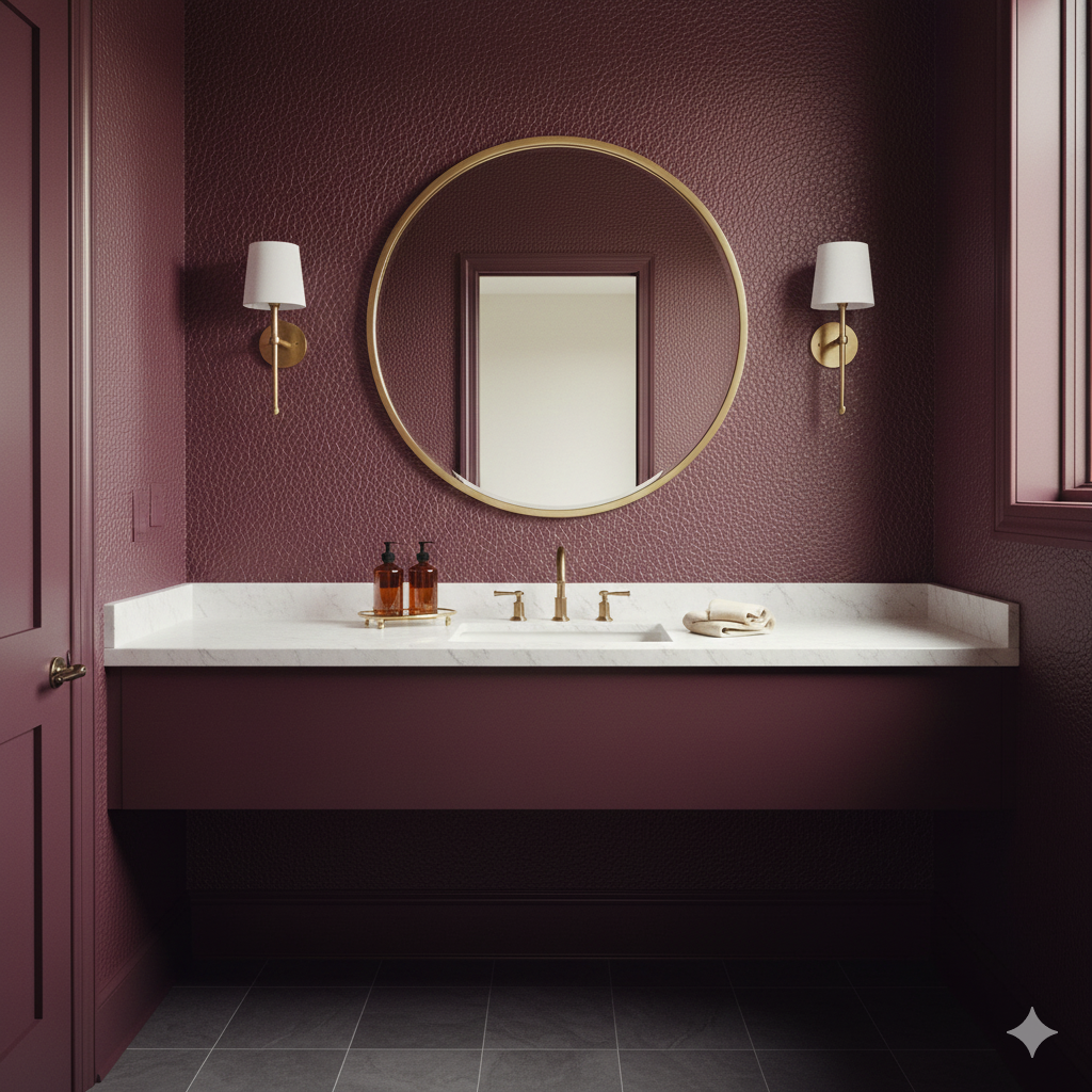 Oxblood Estate Wallpaper with leather-like texture covering the wall from top to bottom.