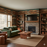 Birchwater Canoes Wallpaper featuring an overlapping canoes pattern, textured for a rustic, cabin-style room.
