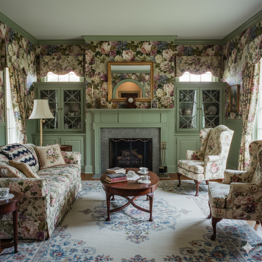 Floral pattern wallpaper from Rosemont Garden, covering a room with a fireplace and furnishings.
