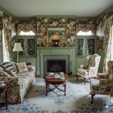 Floral pattern wallpaper from Rosemont Garden, covering a room with a fireplace and furnishings.
