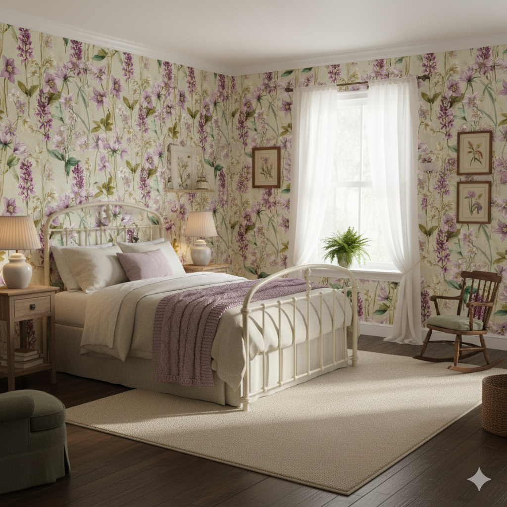 Floral wallpaper with a botanical pattern featuring lavender, green leaves, and tan undertones.