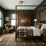 Hunter’s Bramble wallpaper featuring a bold plaid pattern, with traditional autumnal colors.