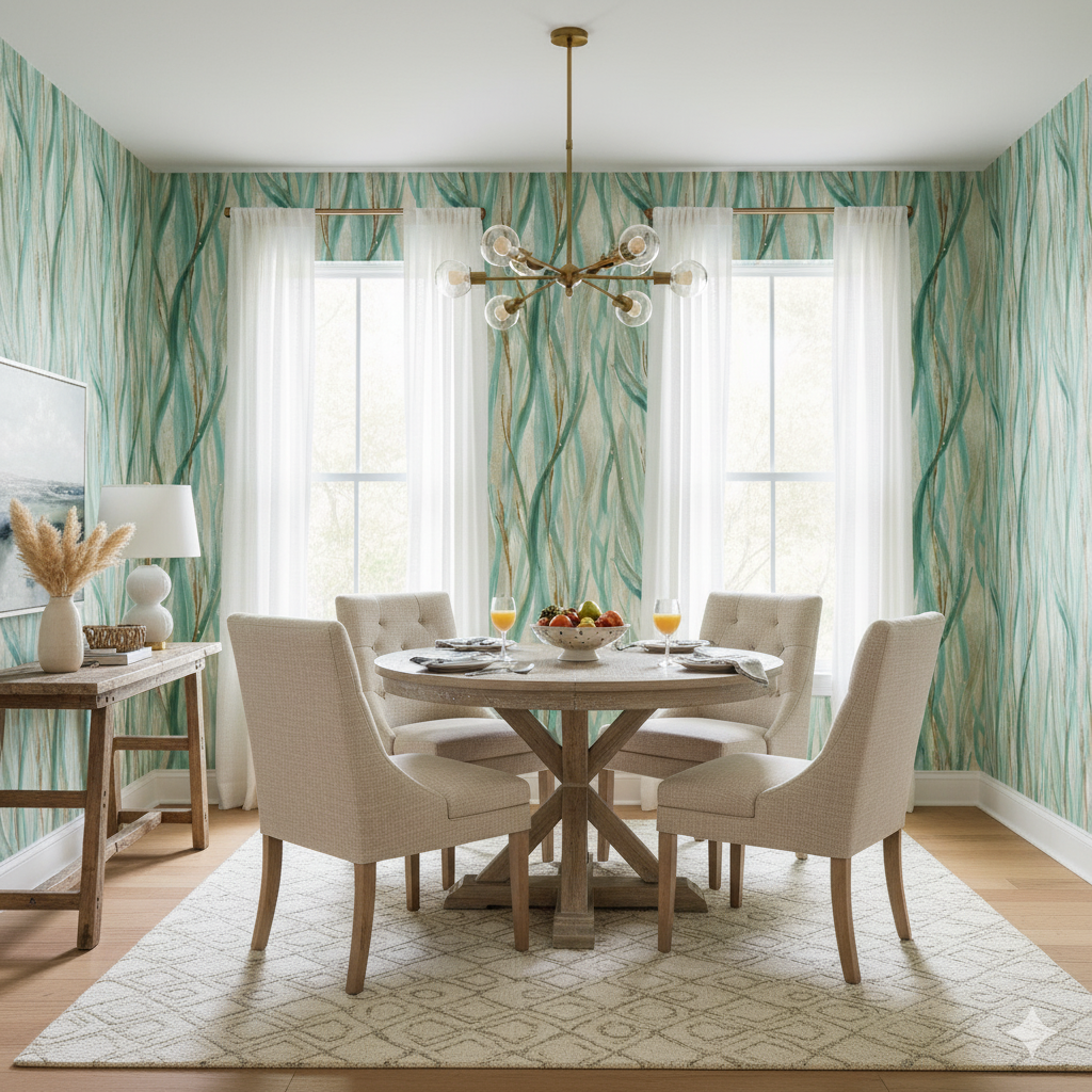 Tidegrass wallpaper with green flowing pattern, textured design on the wall.