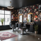 Saint Mortem wallpaper with skull and rose pattern, covering the upper half of the barber shop walls.