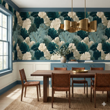 Calypso Canopy Wallpaper with a tropical leaves pattern, covering the walls of a dining room.
