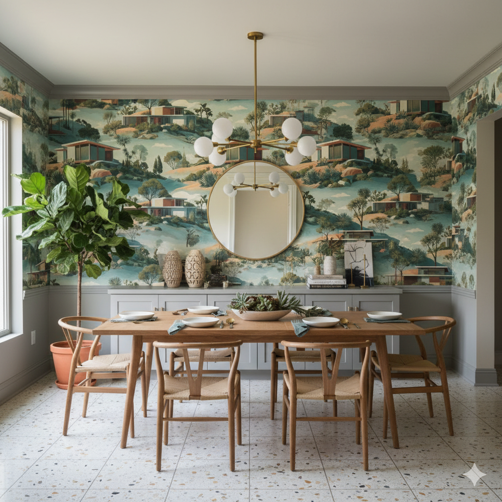 Scenic landscape wallpaper with house patterns, Sierra Crestfold Wallpaper, adorning a modern dining room.
